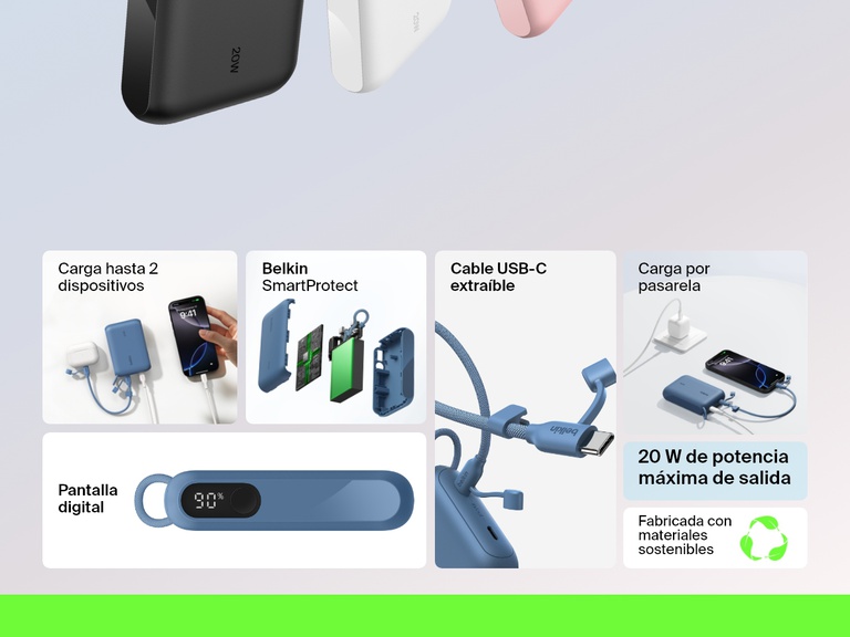 Infografía en la que se ilustran características principales de la batería externa 10K con pantalla BoostCharge de Belkin, como los 20 W de potencia de salida, la carga para dos dispositivos, la pantalla digital con información sobre la capacidad restante, el cable USB-C extraíble, la carga por pasarela, el estándar Belkin SmartProtect y los materiales sostenibles.