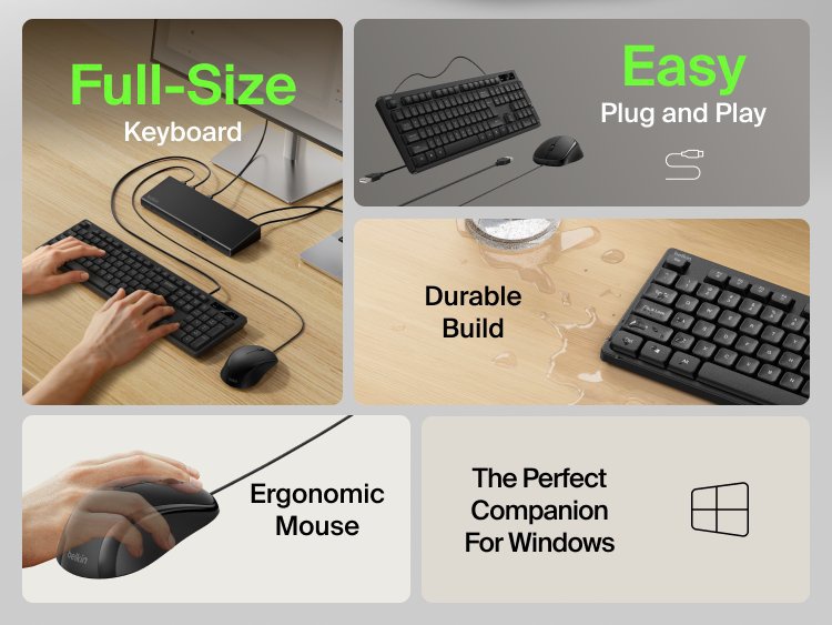 Image showcasing the Belkin Connect Wired Keyboard and Mouse Combo with full-size keyboard, ergonomic mouse, durable build, and easy plug-and-play setup for Windows.