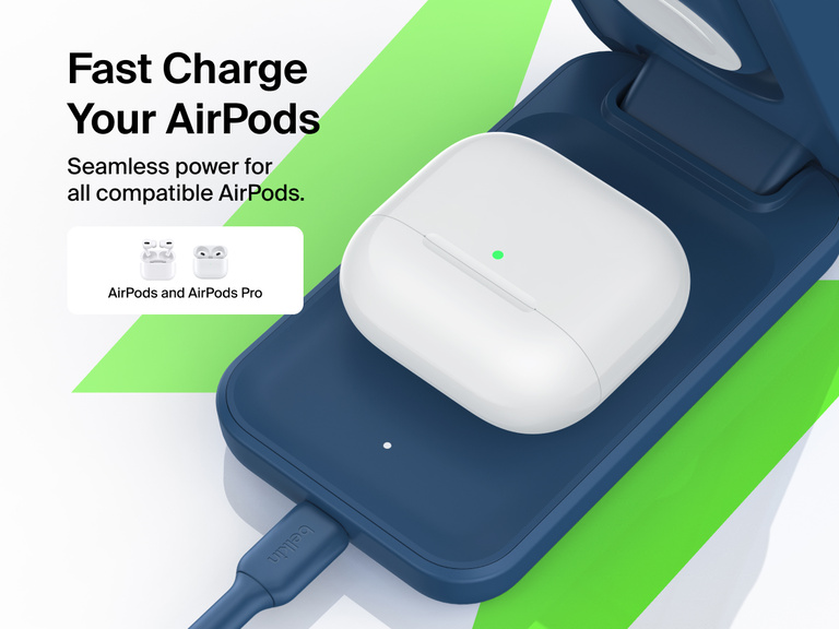 Belkin UltraCharge 3-in-1 Foldable Magnetic Charger with Qi2 25W provides fast wireless charging for AirPods and AirPods Pro with seamless compatibility.