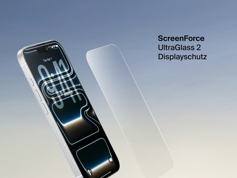 Belkin ScreenForce UltraGlass 2 Screen Protector shown next to an iPhone for durable, edge-to-edge screen protection.