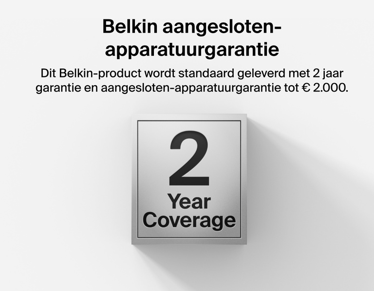 Image showing Belkin Stage Creator Kit featuring 2-year product warranty and up to $2,500 in connected equipment coverage for added protection and reliability.