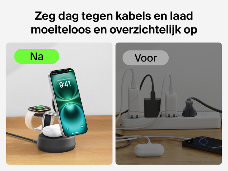 Het Belkin UltraCharge Pro 3-in-1 magnetische laadstation met Qi2 25W biedt moeiteloos en overzichtelijk opladen door meerdere kabels te vervangen door één stijlvolle draadloze oplossing voor iPhone, Apple Watch en AirPods.