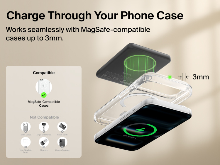 Belkin BoostCharge Slim Magnetic Power Bank 5K with Qi2 wirelessly charging a smartphone through a MagSafe-compatible case up to 3 mm thick for convenient everyday use.