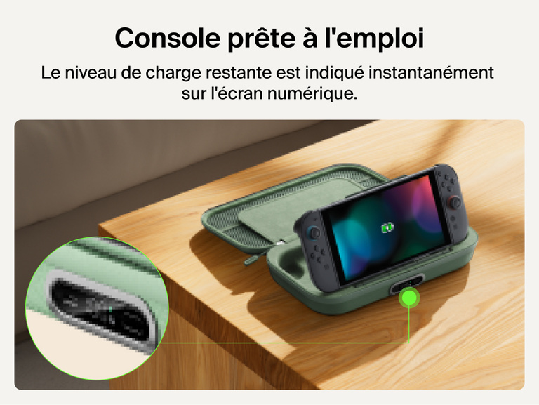 Belkin Gaming Charging Case Pro for Nintendo Switch 2 shown with built-in digital battery display and charging dock for quick power status at a glance.