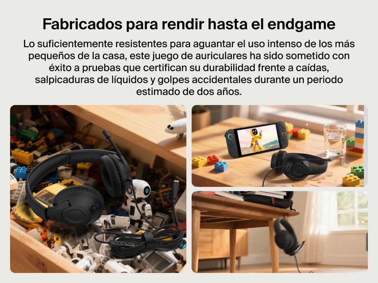 Los auriculares para niños Inspire con micrófono y cable de Belkin Gaming para Nintendo Switch 2 en distintos casos de usos prácticos, con juguetes, sufriendo salpicaduras y caídas y destacando su durabilidad y resistencia probada a los accidentes.