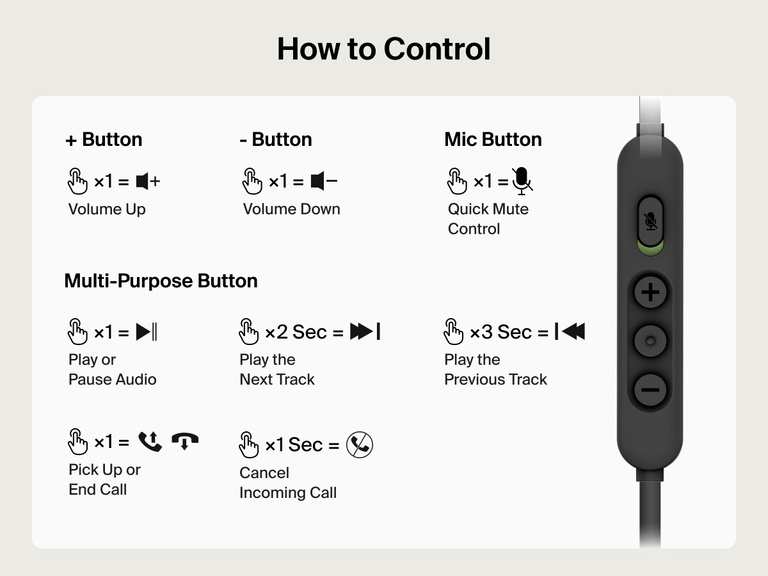 Diagram showing control functions for the Belkin Gaming Inspire Wired Kids Headset for Nintendo Switch 2, including volume, mute, track navigation, and call management via the in-line remote.