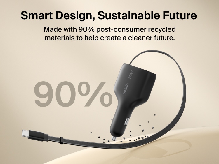 Belkin BoostCharge Retractable Car Charger 30W made with 90% post-consumer recycled materials for more sustainable everyday charging.