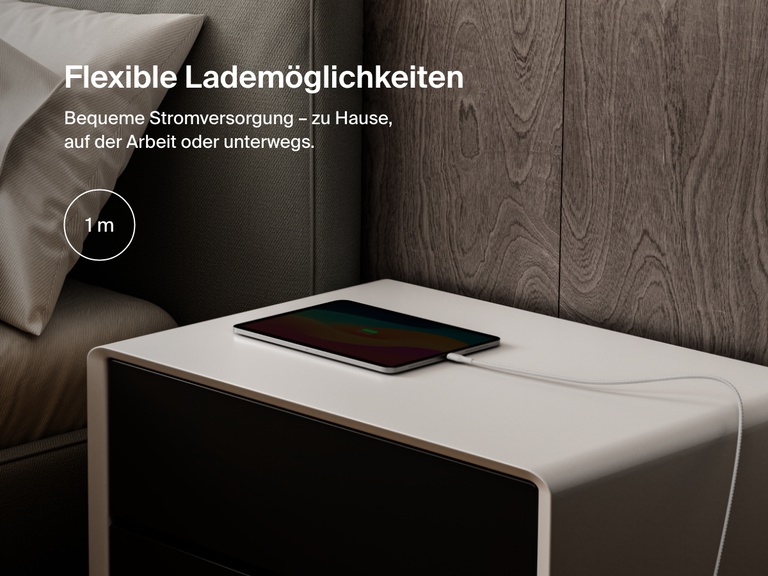 Belkin BoostCharge Pro USB-C to USB-C Braided Cable 240W shown charging a tablet on a nightstand, emphasizing its 1-meter (3.3 ft) length for convenient charging anywhere.