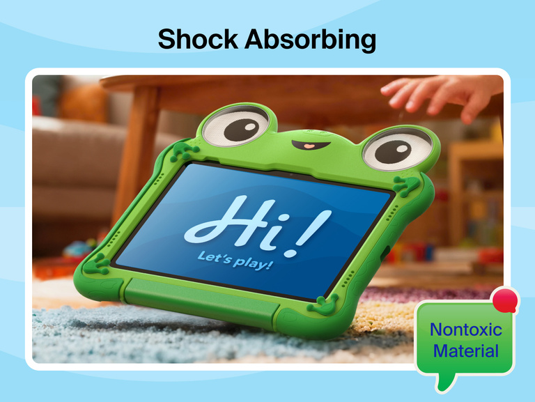 Disney Toy Story 5 Lilypad Case for iPad 10th and 11th Gen placed on carpet with tablet displaying &ldquo;Hi! Let&rsquo;s play!&rdquo; highlighting shock absorbing design and nontoxic material