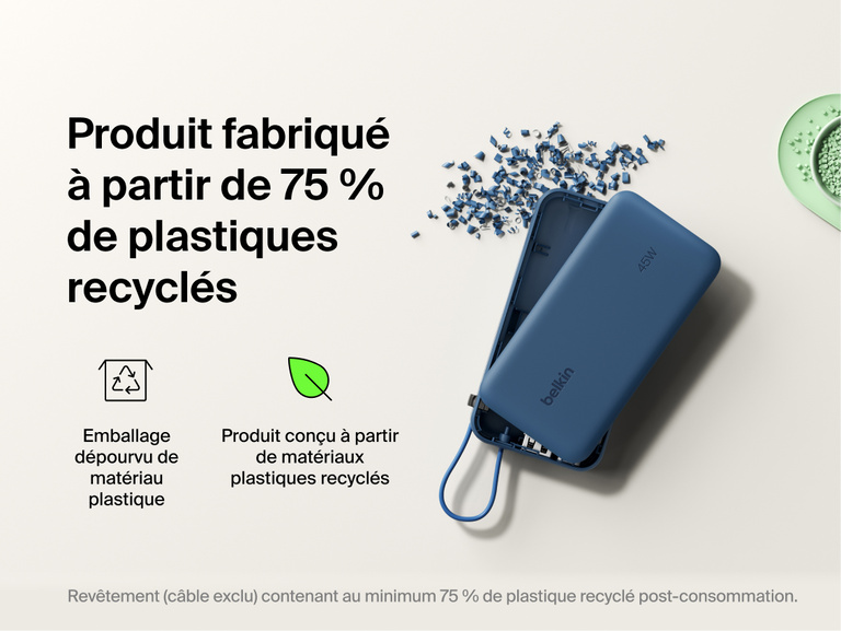 Belkin UltraCharge 10K power bank with integrated USB-C cable and digital display made with 75% recycled plastic and eco-friendly packaging