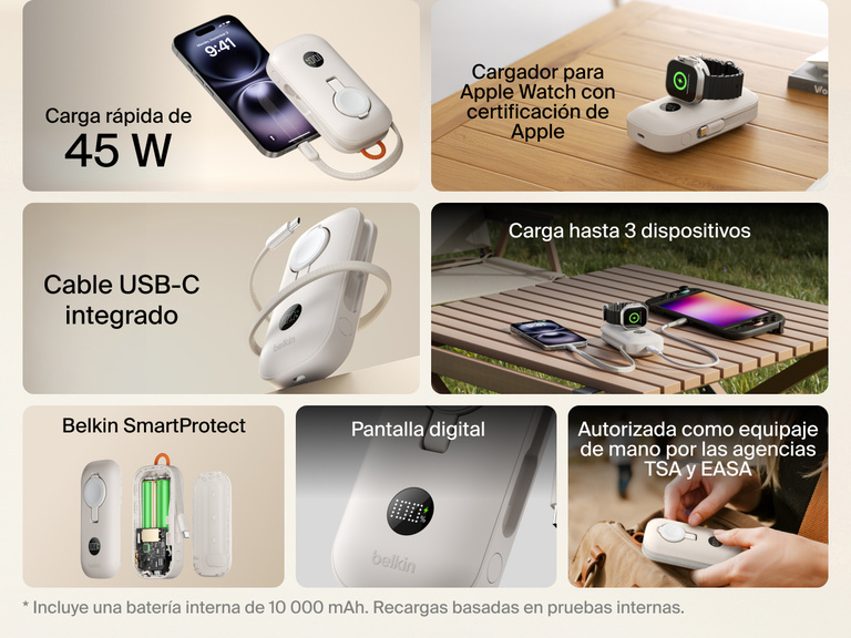 La bater&iacute;a externa de 10 000 mAh con cargador de Apple Watch Belkin BoostCharge Pro incluye funci&oacute;n de carga r&aacute;pida, un cable USB-C, una pantalla digital, un m&oacute;dulo de carga para reloj con certificaci&oacute;n de Apple y tecnolog&iacute;a de seguridad Belkin SmartProtect.