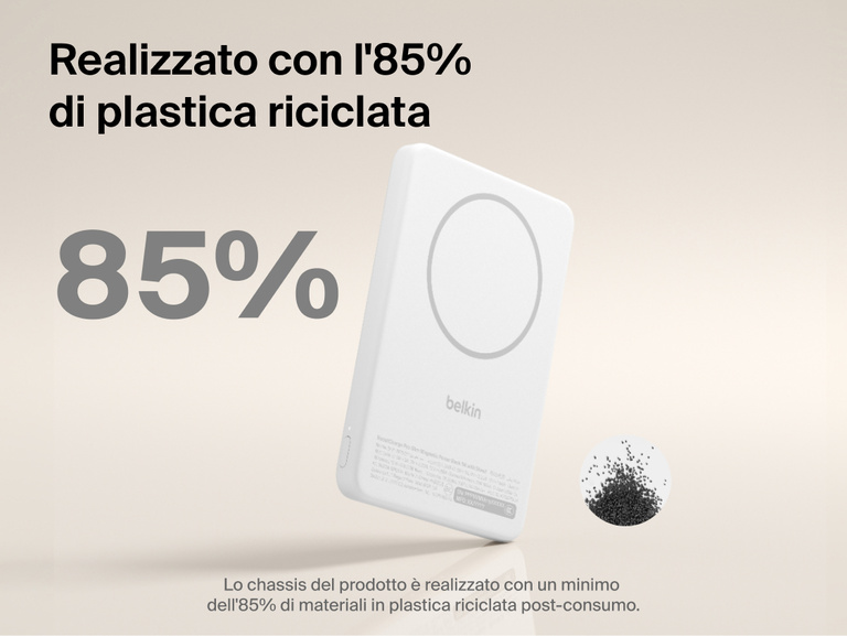 Belkin BoostCharge Slim Magnetic Power Bank 5K with Qi2 shown made with at least 85 percent post-consumer recycled plastic for a more sustainable portable charging solution.
