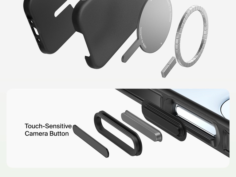 Belkin ScreenForce Protect Series Case for iPhone 17 featuring touch-sensitive camera button and layered design for magnetic precision and durable protection.