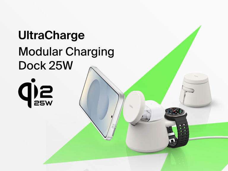 Belkin UltraCharge Modular Charging Dock with Qi2 25W delivering fast wireless charging for compatible smartphones, smartwatches, and earbuds in a modular all-in-one dock setup.