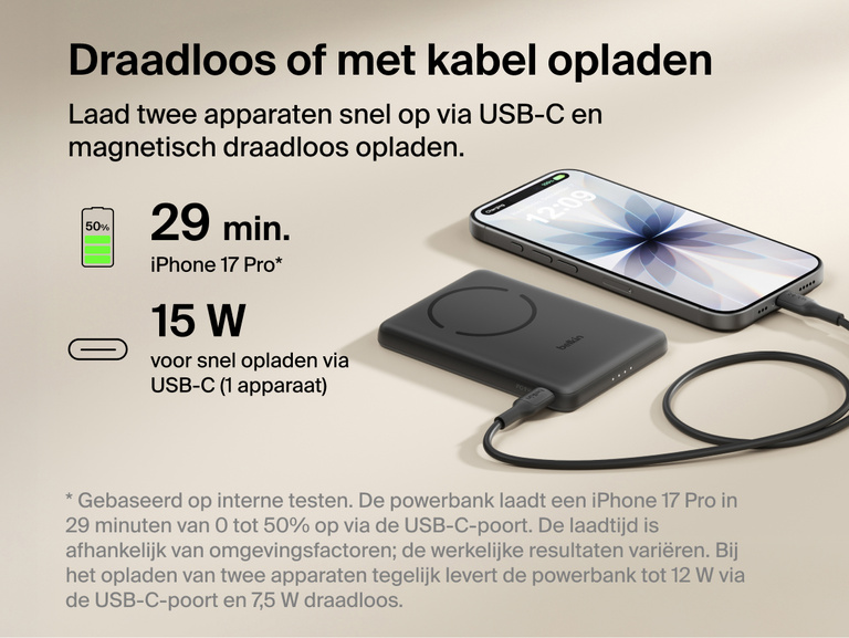Belkin BoostCharge Slim Magnetic Power Bank 5K with Qi2 shown delivering wired USB-C fast charging and wireless charging for reliable, on-the-go power in a compact portable design.