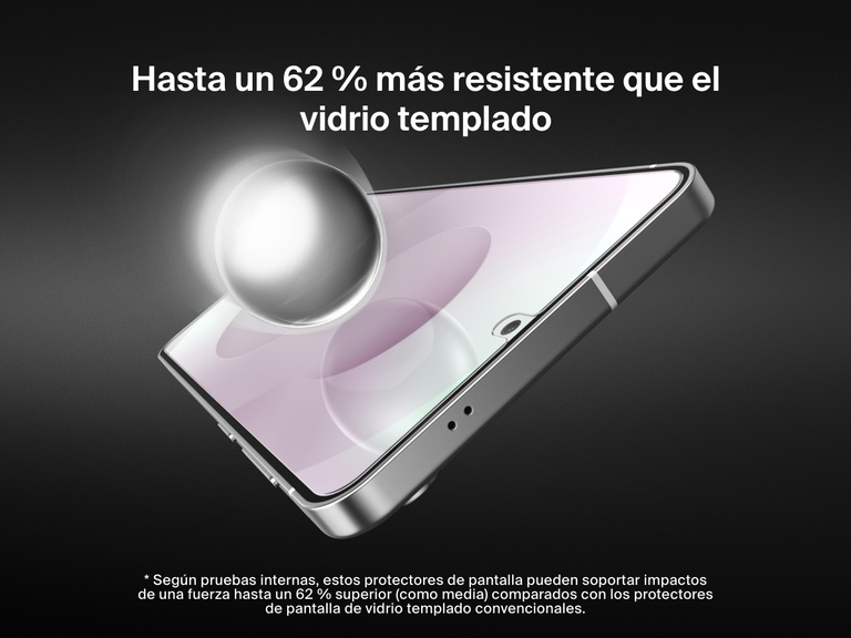 Imagen de un Samsung Galaxy S25 Edge y una bola plateada brillante impactando en la pantalla del móvil. De esta manera se plasma la idea de que este protector de pantalla es hasta un 62 % más resistente que los protectores estándar de vidrio templado.