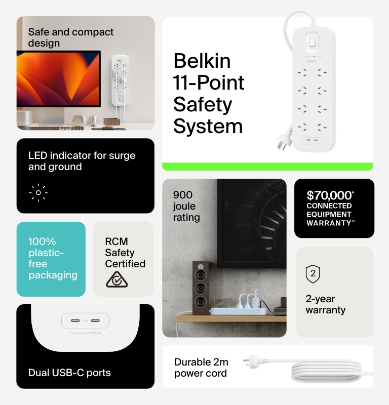 Belkin 8-Outlet Surge Protector Power Strip, Wall-Mountable with 8 AC Outlets, 6.6ft/2M Power Cord, & LED Indicator Light - 2 USB-C Ports w/ 30W Power Delivery Fast Charging - 900 Joules of Protection  