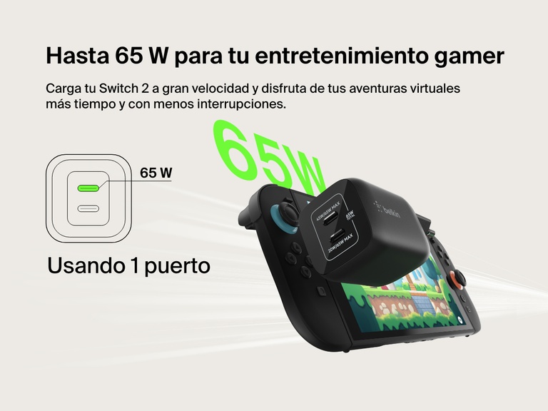 El cargador de pared USB-C doble (65 W) de Belkin Gaming proporciona una carga rápida y potente para la Nintendo Switch 2, suministrando hasta 65 W si se utiliza solo uno de los puertos.