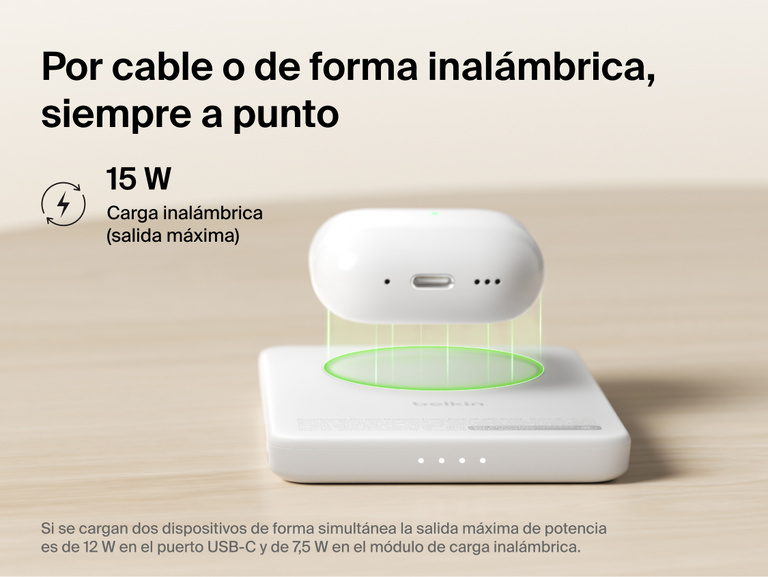 Belkin BoostCharge Slim Magnetic Power Bank 5K with Qi2 providing up to 15W magnetic wireless charging for compatible devices in a slim, portable power bank design.