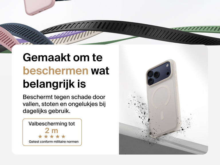 Belkin SheerForce Grip Series Case for iPhone 17 shown with textured grip and impact protection against drops.