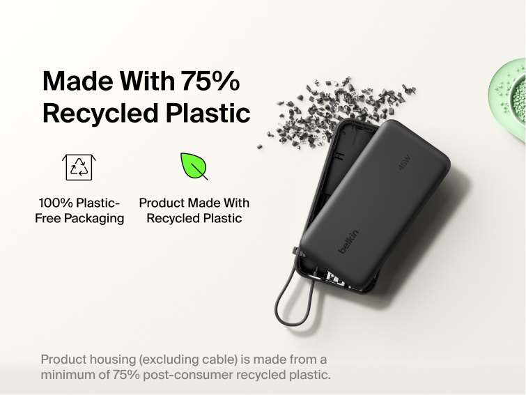 Belkin UltraCharge 10K power bank with integrated USB-C cable and digital display made with 75% recycled plastic and eco-friendly packaging