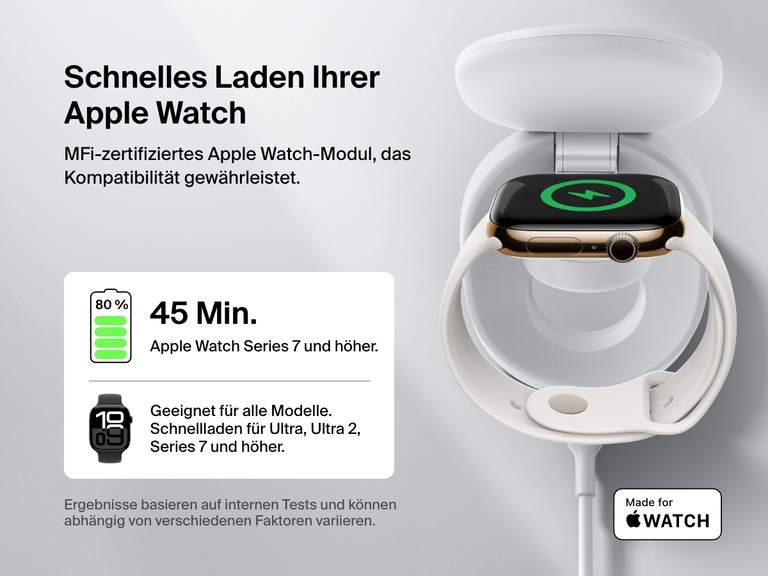 Belkin BoostCharge kompakte, magnetische 3-in-1-Ladestation wird gezeigt, die eine Apple Watch schnell auflädt und es werden ihr MFi-zertifiziertes Modul, die Kompatibilität mit allen Modellen und das Aufladen in 45 Minuten auf 80 % für die Serie 7 und höher gezeigt.