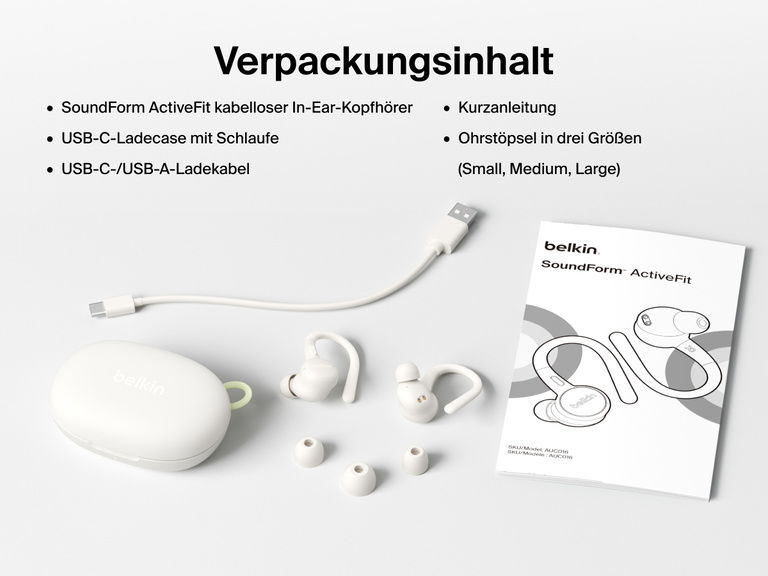 Belkin SoundForm ActiveFit Wireless Earbuds with USB-C charging case, USB-C to USB-A cable, quick start guide, and three ear tip sizes included in the box.