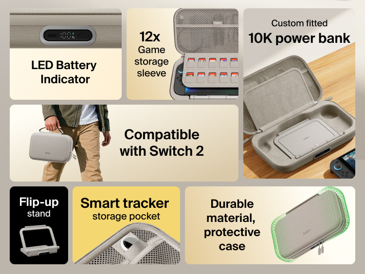 Feature overview of the Belkin Gaming Charging Case Pro for Nintendo Switch 2 highlighting built-in 10K power bank, LED battery indicator, flip-up stand, game card storage, smart tracker pocket, and durable protective design.