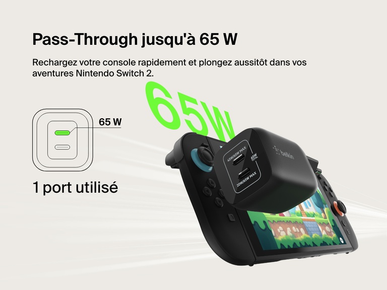 Le chargeur secteur 2 ports USB-C Belkin Gaming (65 W) offre une recharge rapide pouvant atteindre 65 W (un seul port USB-C) sur votre Nintendo Switch 2.