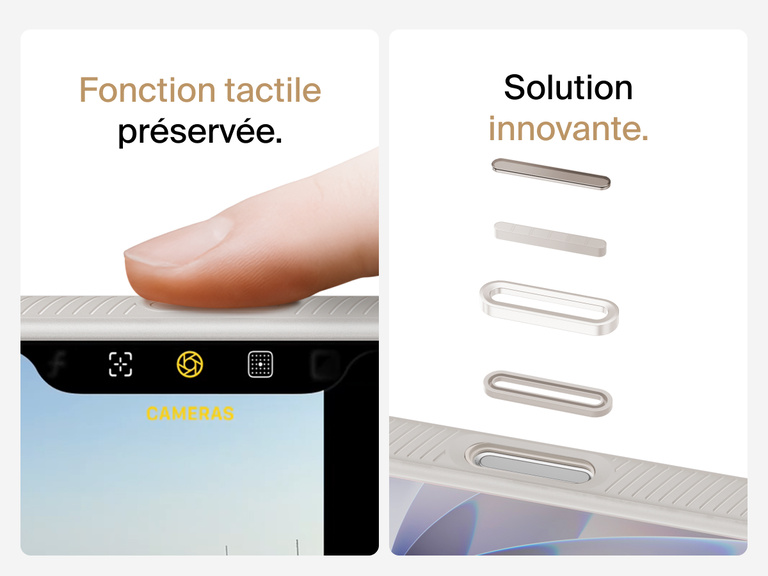 Belkin SheerForce Grip Series Case for iPhone 17 with MagSafe ring, raised edges, and floating tinted buttons for precision protection.