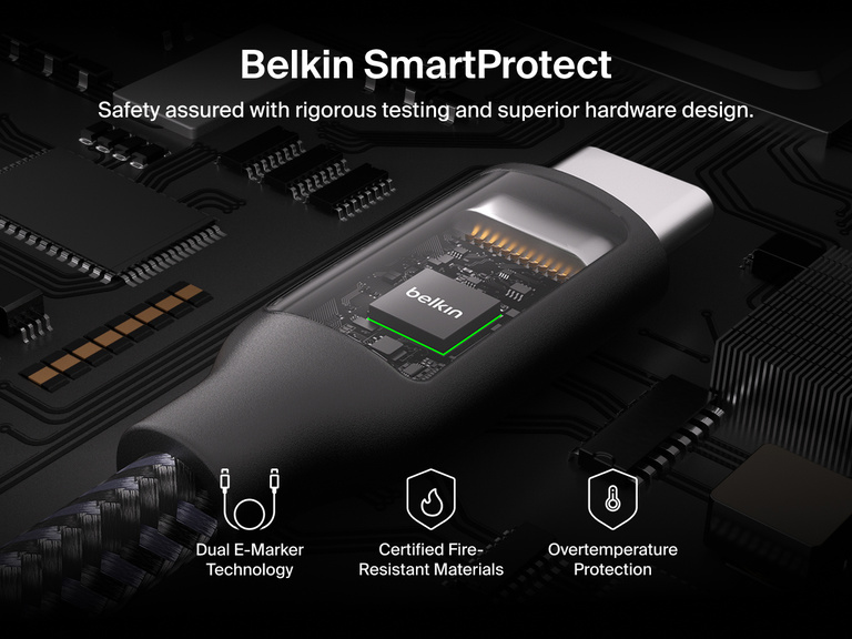 Belkin BoostCharge Pro Magnetic USB-C Cable 240W featuring SmartProtect safety with dual E-Marker technology, fire-resistant materials, and overtemperature protection.
