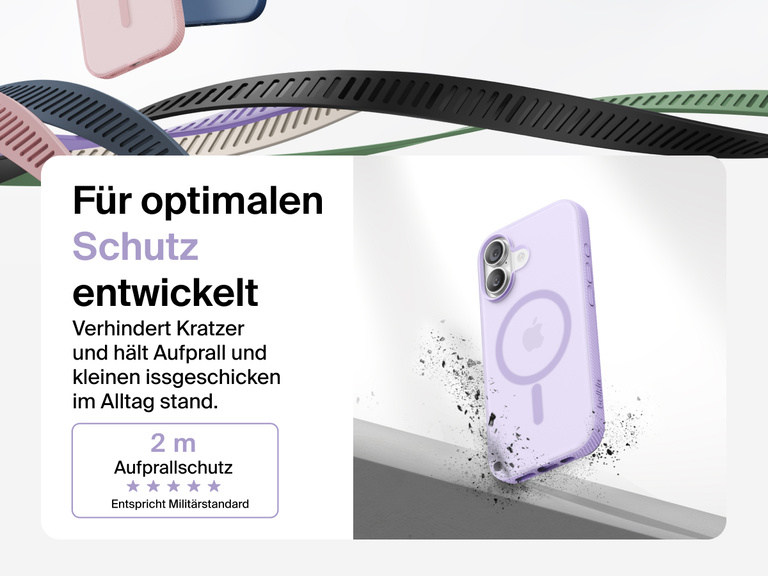 Belkin SheerForce Grip Series Case for iPhone 17 shown with textured grip and impact protection against drops.