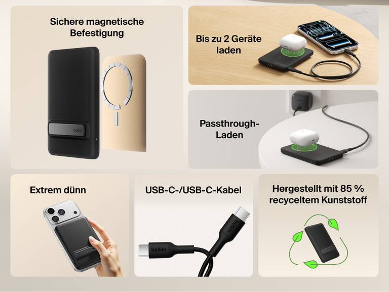 Belkin BoostCharge Slim Magnetic Power Bank 5K with Qi2 shown highlighting secure magnetic attachment, ultra-slim design, dual-device charging, USB-C connectivity, pass-through charging, and sustainability features.