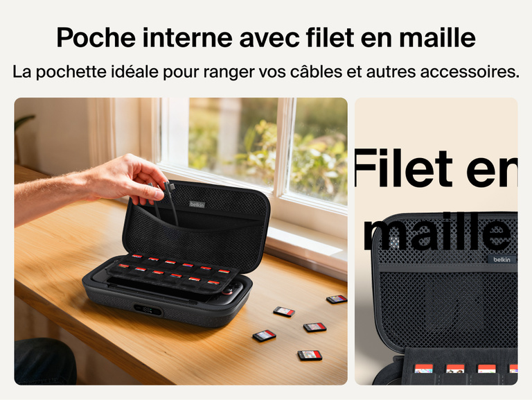 Belkin Gaming Charging Case Pro for Nintendo Switch 2 shown with mesh utility pocket for storing charging cables, accessories, and gaming essentials.