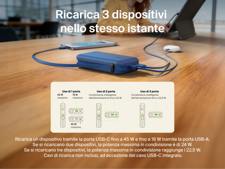 Belkin UltraCharge 10K power bank with integrated USB-C cable and digital display charging up to three devices simultaneously with smart power sharing