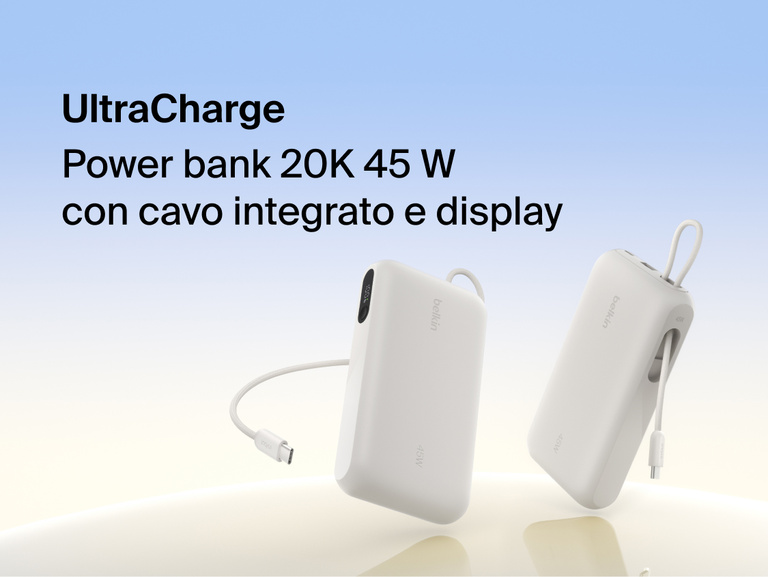 Belkin UltraCharge 20K 45W power bank with integrated USB-C cable and digital display showing portable high-capacity fast charging solution