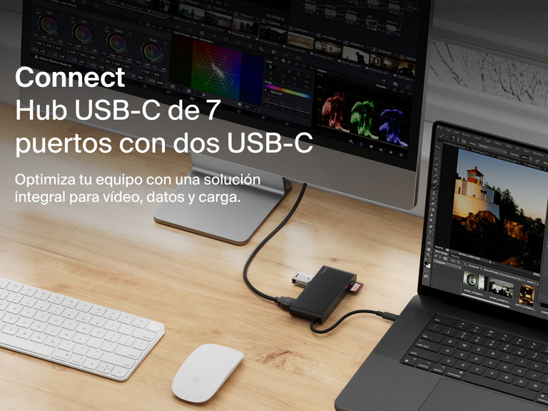 Belkin Connect 7-Port USB-C Hub with Dual USB-C Ports connected to a laptop and monitor on a desk setup.