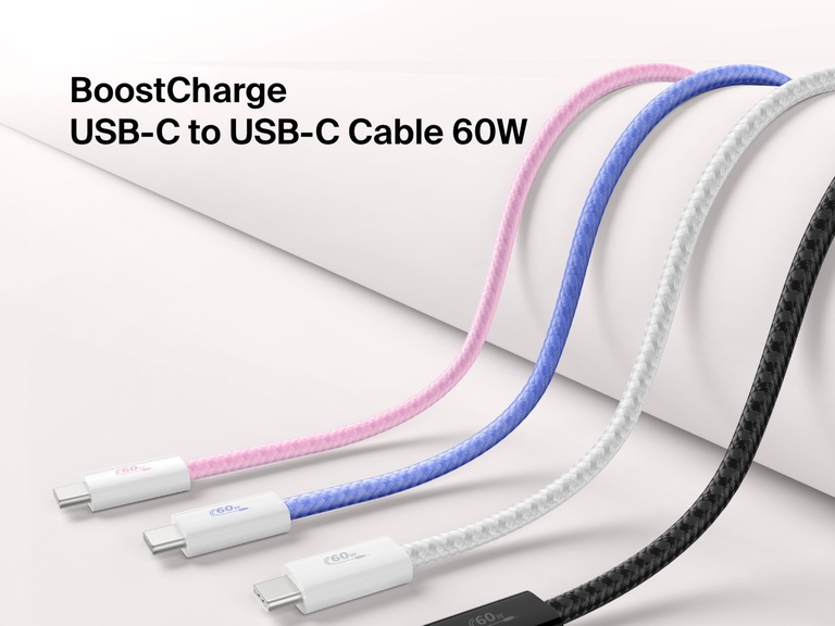 Image showing four color options (pink, blue, white, black) of the Belkin BoostCharge USB-C to USB-C Cable 60W, a fast-charging braided cable designed for USB-C devices.