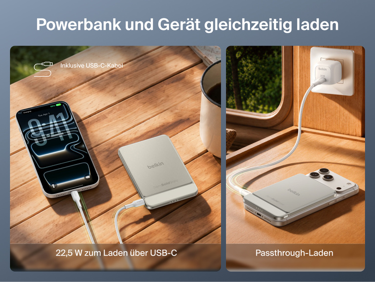 Es wird gezeigt, dass sich die Belkin UltraCharge Pro schlanke magnetische Powerbank 5K mit BoostSolid-Zelle zum Laden mit 22,5&nbsp;W &uuml;ber USB-C und zum Passthrough-Laden mit einem Smartphone eignet.