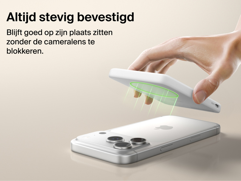 Belkin BoostCharge Slim Magnetic Power Bank 5K with Qi2 featuring a secure magnetic ring that aligns accessories and attaches firmly without obstructing the phone camera.