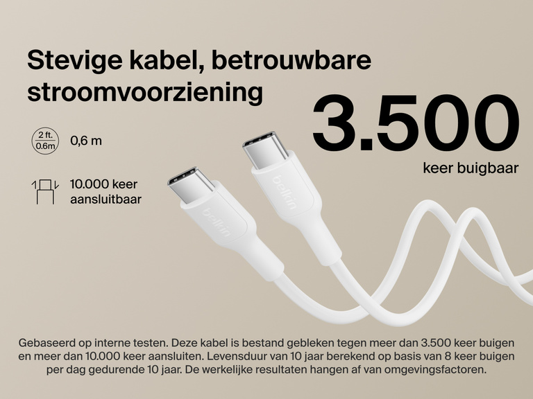 Belkin BoostCharge Slim Magnetic Power Bank 5K shown with durable USB-C to USB-C cable designed for 3,500+ bends and reliable long-lasting charging performance.