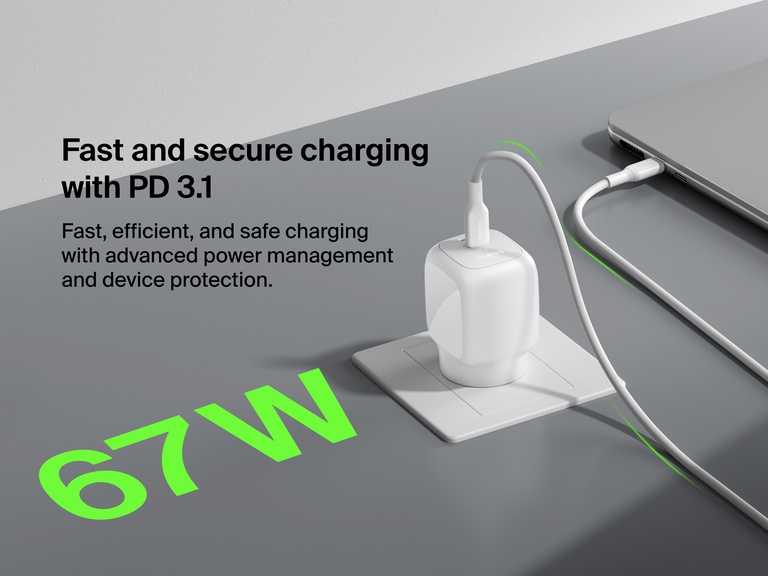 Belkin BoostCharge Pro Dual USB-C GaN Wall Charger 67W shown delivering fast and secure PD 3.1 charging with advanced power management for efficient device protection.