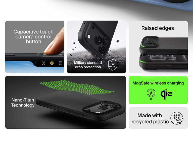 Belkin Protect Series Case for iPhone 18 features 92% recycled plastic, Nano-Titan technology, military-grade drop protection, raised edges, MagSafe and Qi2 charging, and a capacitive camera control button.