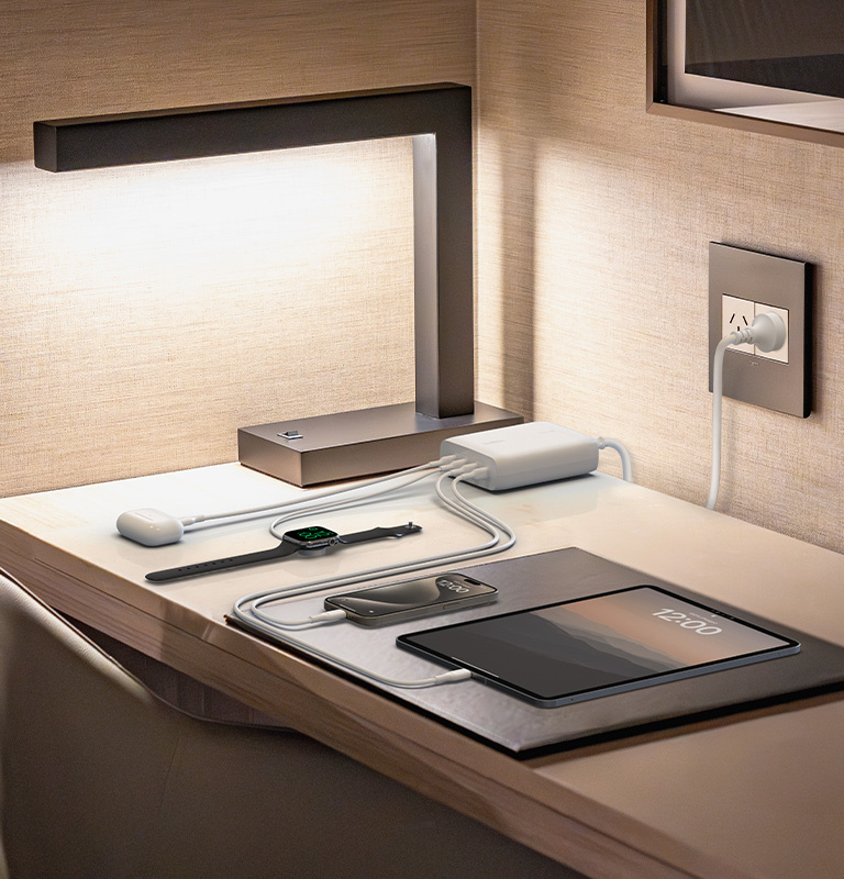 4 ports pair with formidable 200W total max power output to charge four USB-C devices at once.