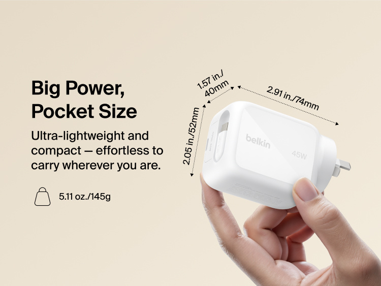 Belkin UltraCharge 45W retractable GaN wall charger compact design with foldable prongs, lightweight 145g build, and pocket-size dimensions for travel convenience