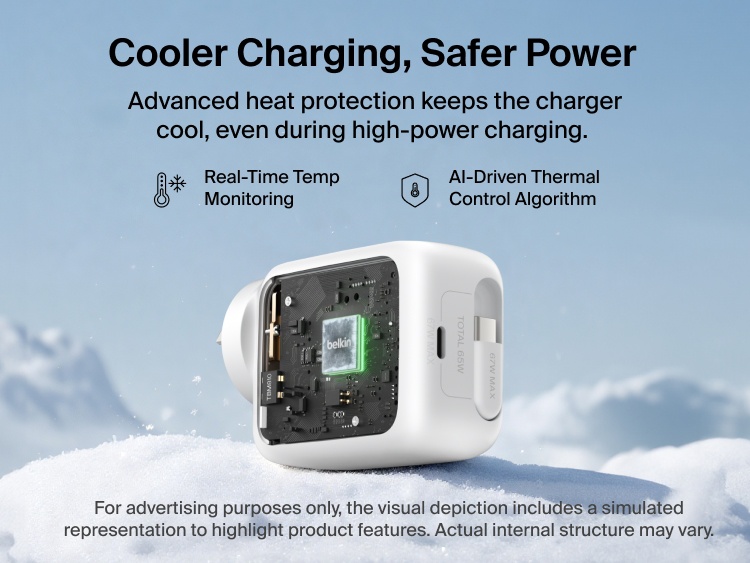 Belkin UltraCharge Retractable GaN Wall Charger 67W with built-in retractable USB-C cable featuring advanced thermal management, real-time temperature monitoring, and AI-driven cooling for safer fast charging.