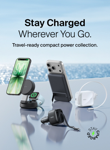Stay Charged Wherever You Go. Belkin travel-ready power collection: car charger, 3-in-1 MagSafe stand, magnetic battery pack, compact wall charger.