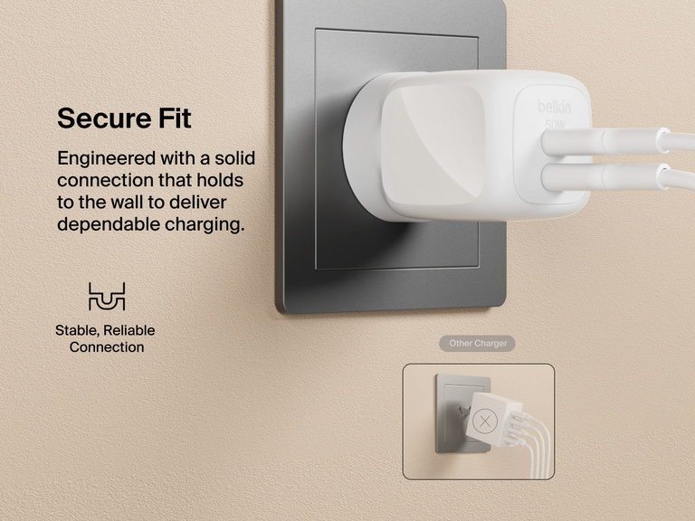 Belkin BoostCharge Pro Dual USB-C GaN Wall Charger 50W plugged securely into a wall outlet with dual cables connected, designed for a stable, reliable fit compared to other chargers.