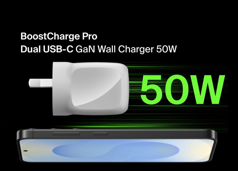 Belkin BoostCharge Pro Dual USB-C GaN Wall Charger 50W in white with compact foldable design shown alongside bold green 50W text on a black background.