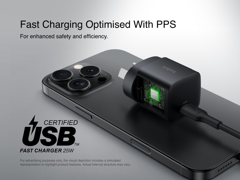 Belkin BoostCharge USB-C Wall Charger 25W shown with a visual cutaway highlighting PPS optimized fast charging for enhanced safety and efficiency.